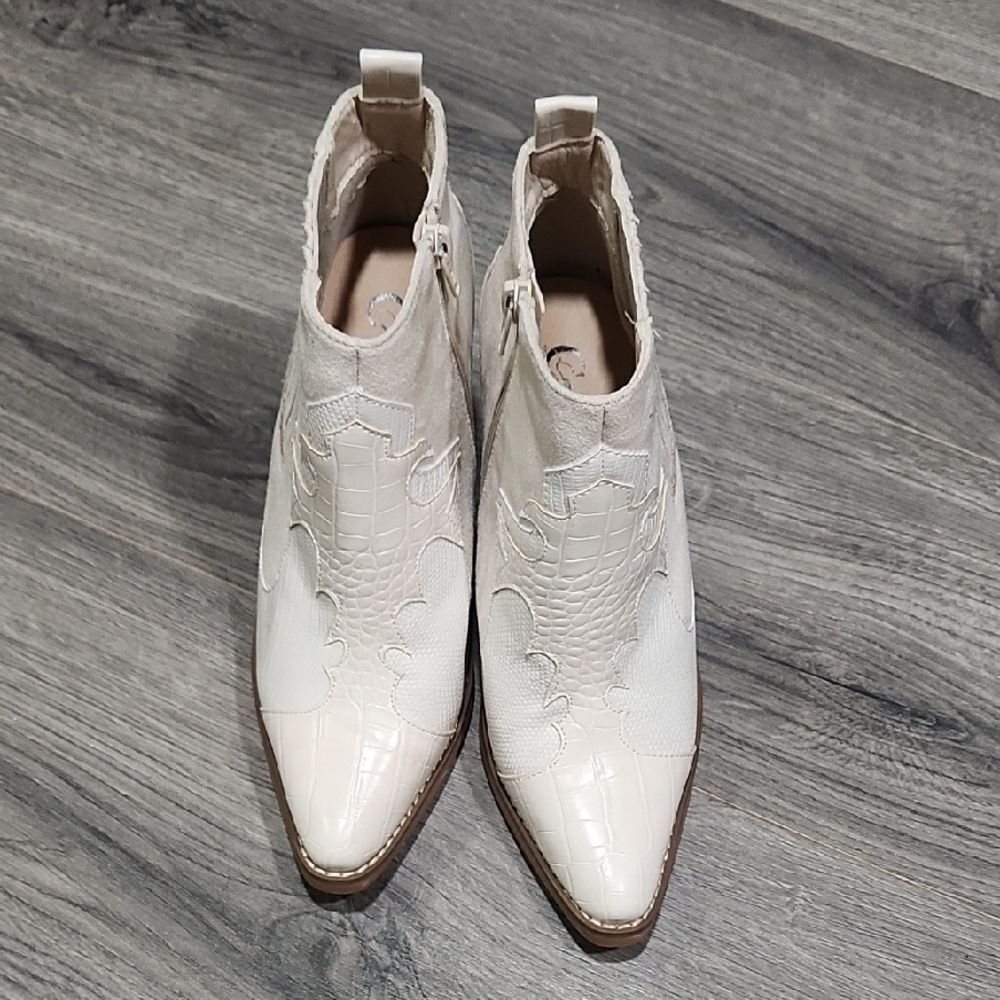 Ivory Faux Leather & Suede Western Wedge Booties